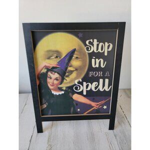 greenbrier Vtg halloween standing sign witch style stopping for a spell home dec